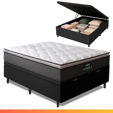 Imagem de Cama Box Baú Casal Colchão Molas Ensacadas Pillow Top Maximus 138x188x69cm Cinza/Preto Gazin Cinza/Branco