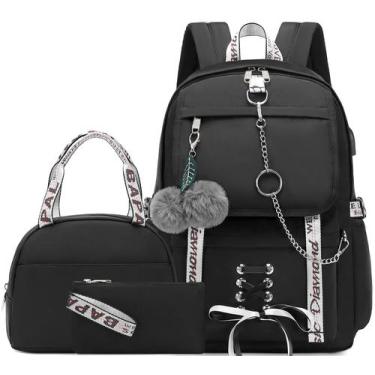 Imagem de Mochila Spotted Tiger School para meninas com lancheira preta