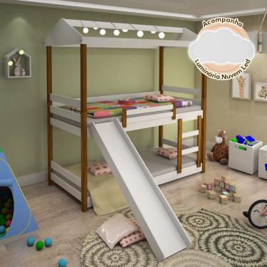 Imagem de Beliche Infantil Solteiro Manuela com Escorregador e Led Branco e néctar das flores - Acompanha Luminária Nuvem