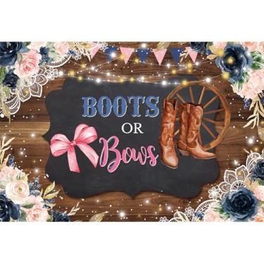 Imagem de dnldliq 2,4 x 1,8 m, botas ou laços, pano de fundo revelador de gênero, meninos ou meninas, faixa de chá de bebê, decoração de festa, botas de caubói de madeira rústica, arcos rosa, fundo fotográfico