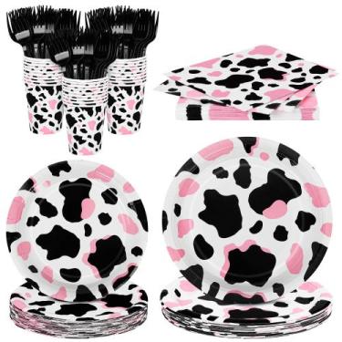 Imagem de Conjunto de talheres de festa Durony Pink Cow Print 144 peças