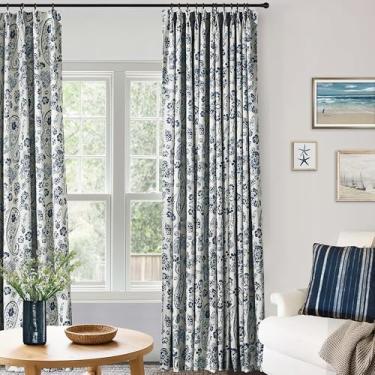 Imagem de Cortinas blecaute plissadas para sala de estar, 96 polegadas de comprimento, azul marinho, floral, branco, estampado, térmico, verão, calor, 2,5 m, comprimento do chão ao teto, conjunto de 2 painéis