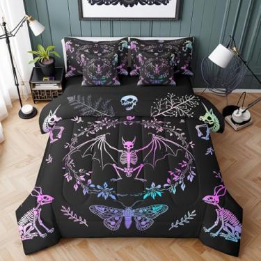 Imagem de Conjunto de edredom com estampa dupla face, 7 peças, caveira gótica, caveira gótica, edredom preto e branco, edredom com estampa dupla face, Queen (1 edredom, 2 fronhas, 2 fronhas, 1 lençol de cima, 1