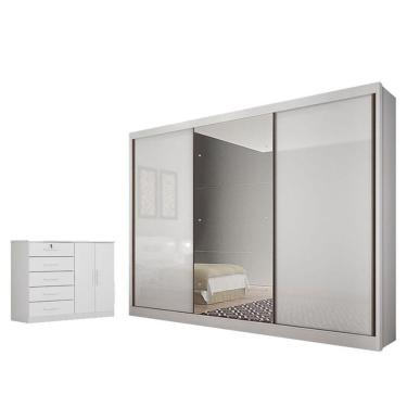 Imagem de Guarda Roupa Casal Sonetto Com Espelho E Cômoda Seul Neve - Novo Horizonte