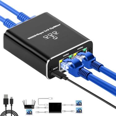 Imagem de Divisor Ethernet, divisor de porta de rede Gigabit 1 em 3 saídas, 1 adaptador de Internet LAN de alta velocidade fêmea para 3 fêmeas com cabo de carregamento USB C, Plug and Play para cabo Cat5 Cat5e