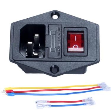 Imagem de DMWD Tomada de alimentação macho de entrada de 3 pinos com interruptor basculante de luz vermelha de 15A 250V 4 pinos ON Off e design de montagem de flange de fusível de 10A IEC 320 C14 com 5 cabos