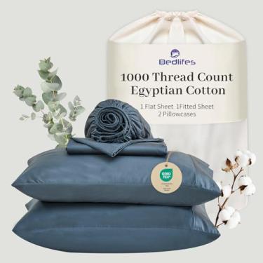 Imagem de Bedlifes Lençóis de algodão egípcio 1000 fios California King Size, 4 peças de bolso profundo de 40,6 cm - Roupa de cama ultramacia refrescante e respirável para conforto do hotel (azul lago)