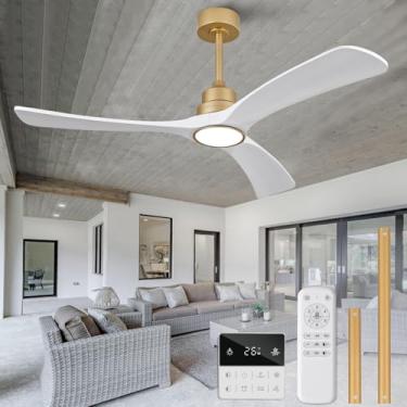 Imagem de OMYU Ventiladores de teto em ouro branco com luzes, ventilador de teto de madeira maciça de 132 cm com controle remoto, interruptor de parede, regulável, reversível, ventilador de teto moderno com