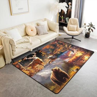 Imagem de Tapetes para sala de estar, animais de caça, 12 x 18 cm, urso selvagem, veado, pato para crianças, aventura, cabine, corredor, antiderrapante, outono, folhas de bordo, decoração de quarto