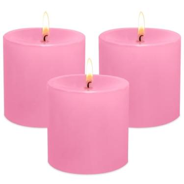 Imagem de Pacote com 3 velas de pilar rosa sem cheiro, velas cilíndricas de coluna de gordura afuniladas sem gotejamento de 40 horas, 7,5 x 7,6 cm, para o dia dos namorados, festas em casa, feriados