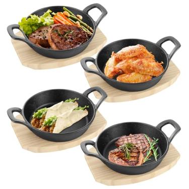 Imagem de RHBLME 4 conjuntos de frigideiras pequenas de ferro fundido, frigideira de ferro fundido de 15 cm com base de madeira, tigela pequena redonda para assar, cozinhar
