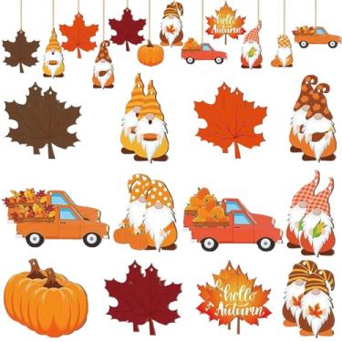 Imagem de 24 peças de enfeites para pendurar abóboras de outono para árvores – placas de madeira de folha de bordo de outono laranja gnomo caminhão recorte de madeira para lembrancinhas de festa do dia de Ação