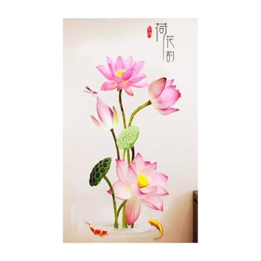 Imagem de AIEDE Decalque de parede de lótus rosa, floral estilo asiático com libélula e peixe Koi para quarto, sala de estar, escritórios, decoração de casa, adesivo de porta de armário