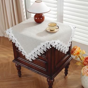 Imagem de Toalha de mesa quadrada de cabeceira bordada para mesa de cabeceira, pequena toalha de mesa de linho com borlas, capa de mesa lateral rústica para sala de estar, cômoda, decoração de mesa, 50,8 x 50,8
