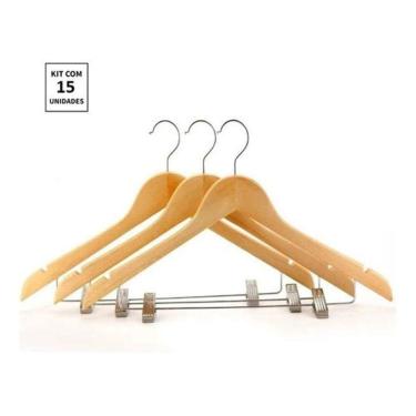 Imagem de Kit 15X Cabides De Madeira Com Presilha Verniz Marfim Roupa