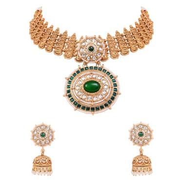 Imagem de I Jewels Conjunto de colar de gargantilha com motivo redondo indiano de Bollywood banhado a ouro com brincos Jhumka para mulheres, Free size, Sem Pedra Preciosa
