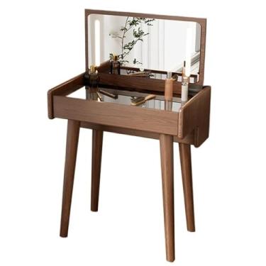 Imagem de Escrivaninha de penteadeira Penteadeira de madeira sólida pequena e moderna, mini mesa cabeceira dobrável, armário armazenamento integrado para quarto, penteadeira maquiagem(Brown)