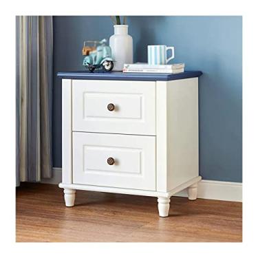 Imagem de Mesa de cabeceira para quarto country americano mesa de cabeceira estilo mediterrâneo armário de armazenamento armário de madeira vintage mesa de cabeceira com 2 gavetas (branco + azul) mesa de