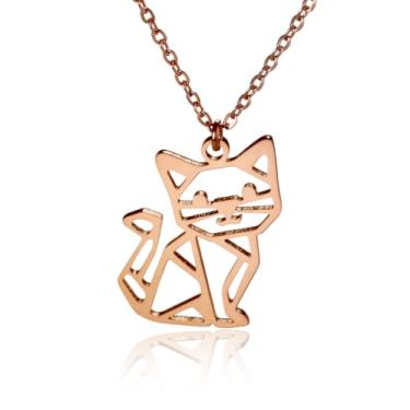 Imagem de HANFLY Colar geométrico com pingente de gato, banhado a ouro rosa, design animal moderno estilo origami, joia de corrente minimalista