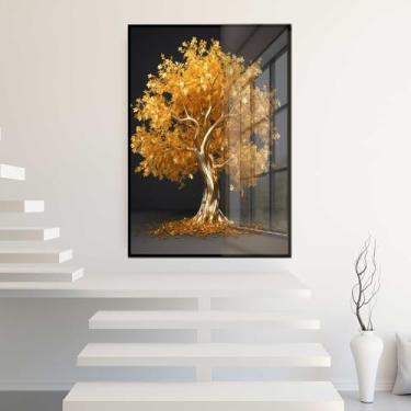 Imagem de Quadro Decorativo com Moldura e Acrilico Cristal Vidro Árvore Dourada Fundo Preto Sala Quarto Hall