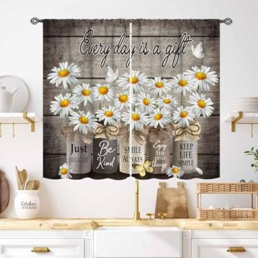 Imagem de Cortinas de margaridas vintage, decoração rústica, floral, retrô, marrom, madeira, primavera, flores silvestres, tratamento de janela para quarto, sala de estar, cozinha, cortinas 69,8 cm L x 99 cm C