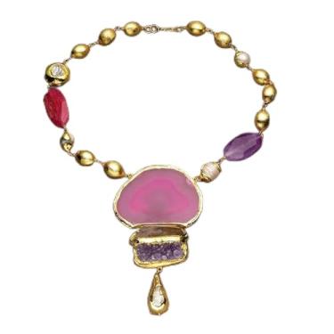 Imagem de DWBPGVUN Joias Keshi Pearl Mix Ágata Gems Fashion Bisel Banhado a Ouro Colar Contas Escovadas Ametista Biwa Pingente de Pérola