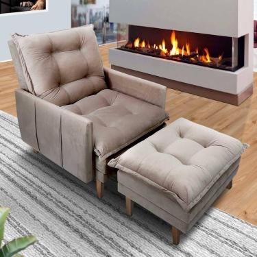 Imagem de Poltrona Reclinável 3 Posições Pés Em Madeira Restida Veludo Bege