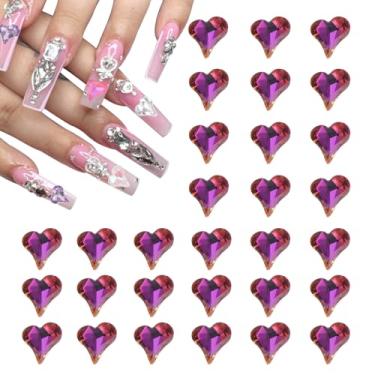 Imagem de Generic 30 peças 3D coração pingente de unhas cristais pedras 12 x 13 mm torto em forma de coração arte strass para dia dos namorados decoração faça você mesmo joias, roxo colorido