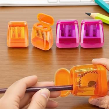 Imagem de Apontador de lápis manual de furo duplo com tampa e recipiente de aparas, ferramenta compacta de papelaria para escola, escritório, 4 peças (multicolor1)