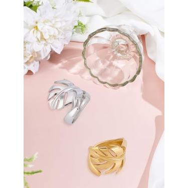 Imagem de 2 peças de anéis de punho aberto em forma de folha de aço inoxidável de cores mistas, joias de dedo empilháveis ajustáveis de platina e dourada para Natal, Dia dos Namorados, aniversário, Dia das Mães