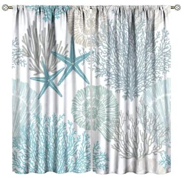Imagem de Cortinas blackout náuticas âncora náutica costeira estrela do mar concha oceano praia cortinas de janela para quarto sala de estar cozinha café decoração (106 x C 212 cm) x 2 painéis