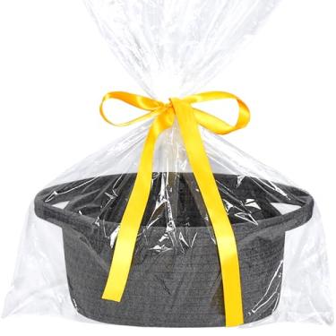 Imagem de Cesta de armazenamento pequena com saco de presente e fita, mini cesta, linda cesta de tecido de corda de algodão, cesta de prateleira, cesta decorativa boho, cesta de presente vazia