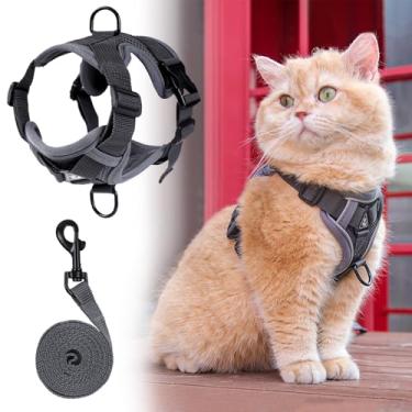 Imagem de Peitoral e coleira para gatos, jaqueta de malha respirável e antiescape, ajustável e macia para passear ao ar livre (G, cinza)