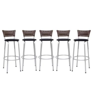 Imagem de Kit 5 Banquetas Alta Junco Argila Estrutura Prata 70cm Para Balcão Ilha Bancada Cozinha Bar Bistrô Americano - Itagold (Assento Preto)