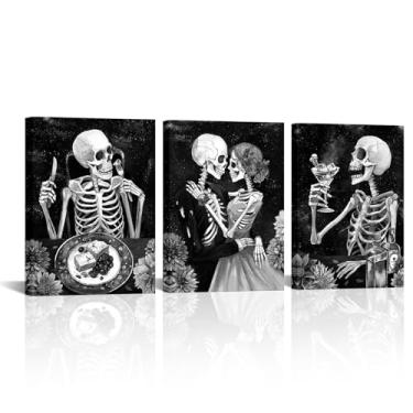 Imagem de FuShvre Esqueleto decoração de cozinha preto e branco esqueleto imagens de arte de parede para cozinha sala de jantar pinturas góticas temperamentais decoração de casa emoldurada 30 x 40 cm cada peça