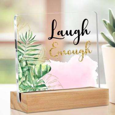 Imagem de Decoração de mesa de acrílico com folhas de aquarela com suporte 10 x 10 cm, placas decorativas de mesa Laugh Enough para casa, sala de estar, terapeuta, escritório, prateleira, cubículo, presentes