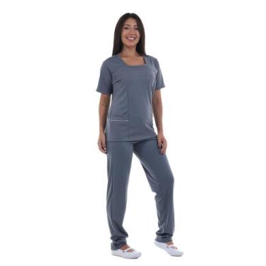 Imagem de Conjunto Helanca Jaleco com Calça Para Doméstica Faxina Com Elastano C