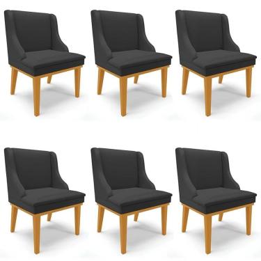 Imagem de Kit 6 Cadeiras Estofadas Sala De Jantar Base Fixa De Madeira Castanho Lia Sintético Preto - Ibiza