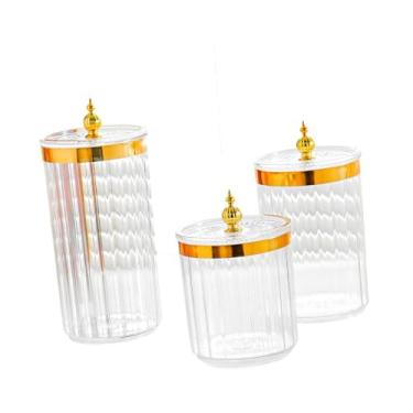 Imagem de ＫＬＫＣＭＳ Conjunto de 3 Potes para Armazenamento de Alimentos com Tampas - Organizador Simples para Despensa, Ideal para Doces, açúcar e Pimenta - Perfeito para, Pote Transparente com Tampa Dourada