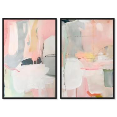 Imagem de Blush Oasis Minimalista Conjunto de 2 Painéis Impressão em Tela Sala de Estar Arte de Parede por Art Remedy, Moldura Preta, 25 x 38 cm