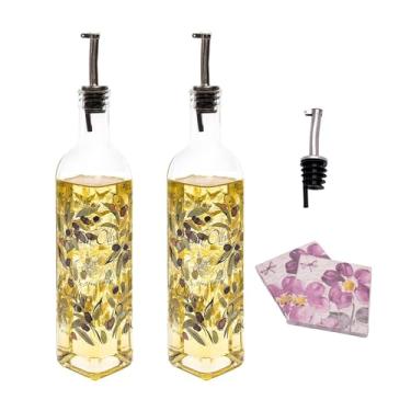 Imagem de Topadorn Conjunto de garrafas dispensadoras de azeite de oliva de 500 ml para cozinha, 2 garrafas dispensadoras de óleo de vidro com despejadores de aço inoxidável, frutas