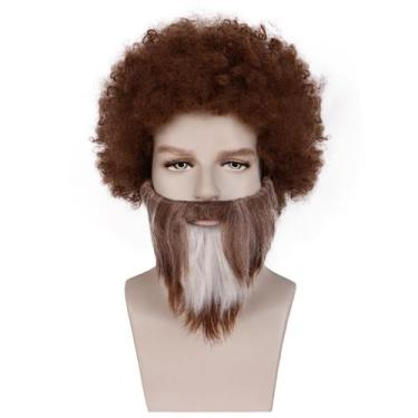 Imagem de Peruca curta de estilo afro marrom encaracolado com barba para fantasi