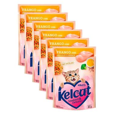 Imagem de Ração Úmida para Gatos Kelcat Sabor Frango com Brócolis e Linhaça em Sachê 85g | Kit com seis unidades