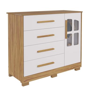 Imagem de Cômoda Infantil Charlô 1 Porta 4 Gavetas - Móveis Peroba Amendoa/branco