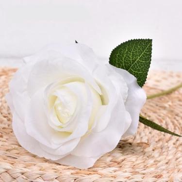 Imagem de Flores artificiais - flor de seda com hastes rosas brancas arranjos florais falsos para casa de banho escritório mesa centro de mesa prateleira decoração de casamento