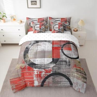 Imagem de Feelyou Conjunto de edredom King abstrato, 7 peças, moderno, arte abstrata, geométrico, em uma bolsa com edredom, lençóis, fronhas, capas de almofada, decoração de quarto de luxo, vermelho