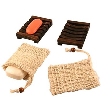 Imagem de Conjunto de 4 peças de bolsa de sabão e po, 2 peças de suportes de sabão de madeira, 2 peças de sacos esfoliantes de sabão de malha, padrão de crochê, bolsa de espuma e secagem, suporte de po par