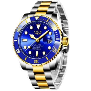 Imagem de Relógio Masculino Impermeável Esportivo Quartzo 3atm Em Aço Inoxidavel Azul Dourado