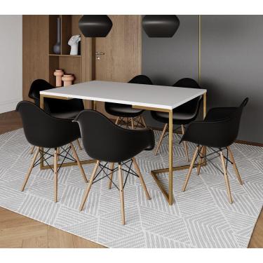 Imagem de Mesa Jantar Industrial Branca 137X90Cm Base V Dourada Com 6 Poltronas Daw Madeira Preta Branco