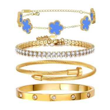 Imagem de Pulseiras de ouro para mulheres, banhado a ouro 18 K, conjunto de pulseiras femininas com trevo e unhas, conjunto empilhável de ouro, joias modernas, presentes para o dia das mulheres e dia das mães